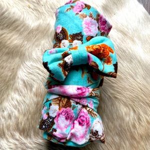 Baby Lightweight Swaddle Blankets w Matching Bow, Floral Print, Multiple Styles